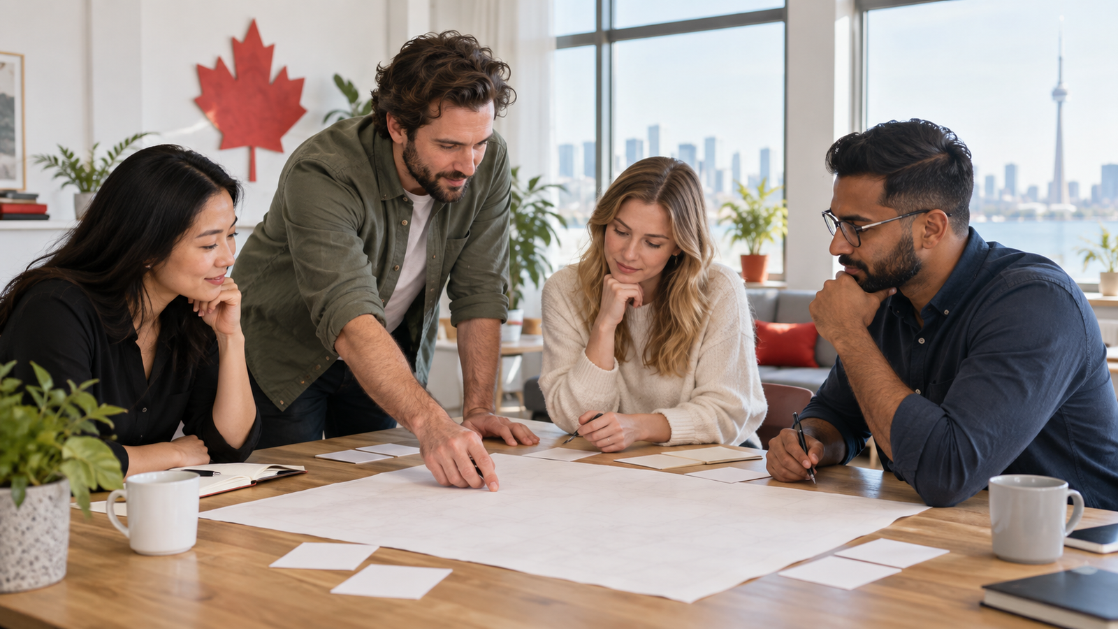 Canadian small-business team planning a focused media outreach campaign.