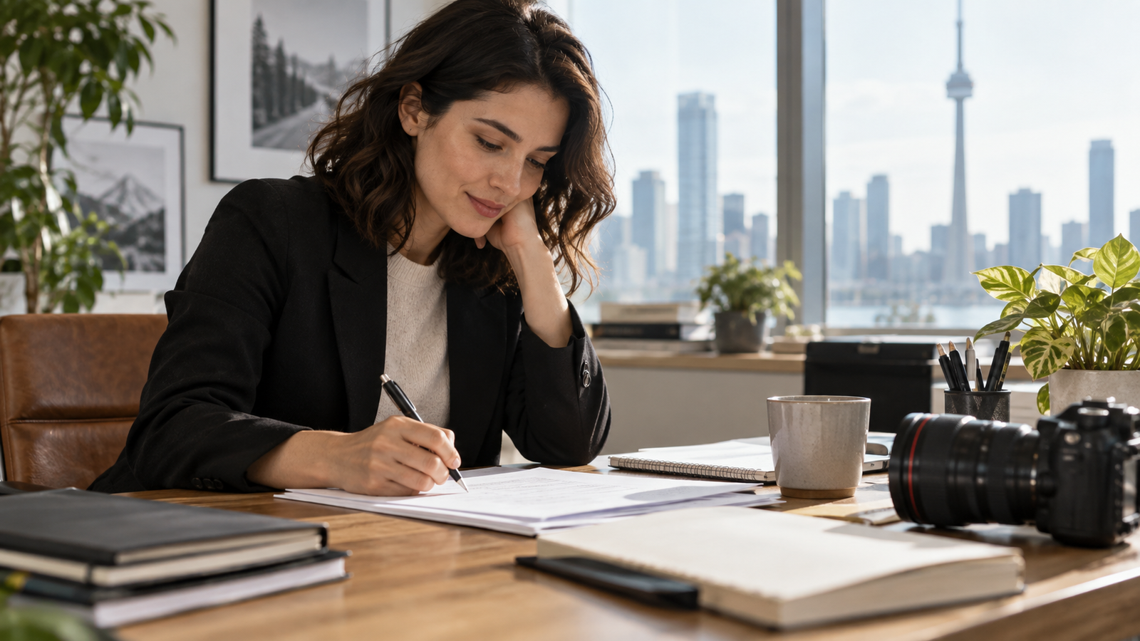 Communications professional refining a press release in a Canadian office.